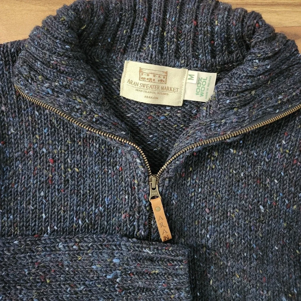 Isles Of Aran Mens Donegal Tweed Half Zip Sweater Fleck Blue 100% Wool Sz Medium